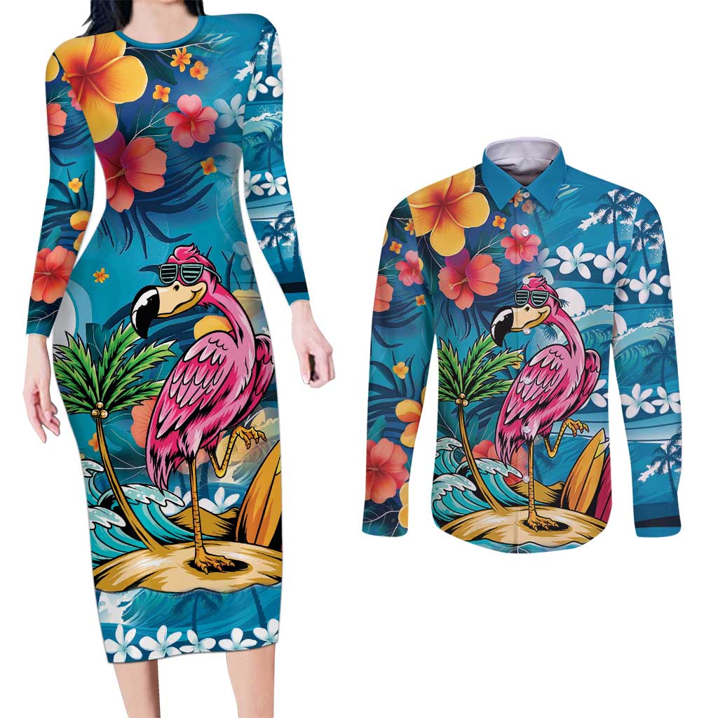 Hawaiian Flamingo Hibiscus Personalised Couples Matching Long Sleeve Bodycon Dress and Long Sleeve Button Shirt Blue Summer Tropical Flowers LT9 Blue - Polynesian Pride