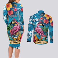 Hawaiian Flamingo Hibiscus Personalised Couples Matching Long Sleeve Bodycon Dress and Long Sleeve Button Shirt Blue Summer Tropical Flowers LT9 - Polynesian Pride