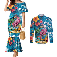 Hawaiian Flamingo Hibiscus Personalised Couples Matching Mermaid Dress and Long Sleeve Button Shirt Blue Summer Tropical Flowers LT9 Blue - Polynesian Pride
