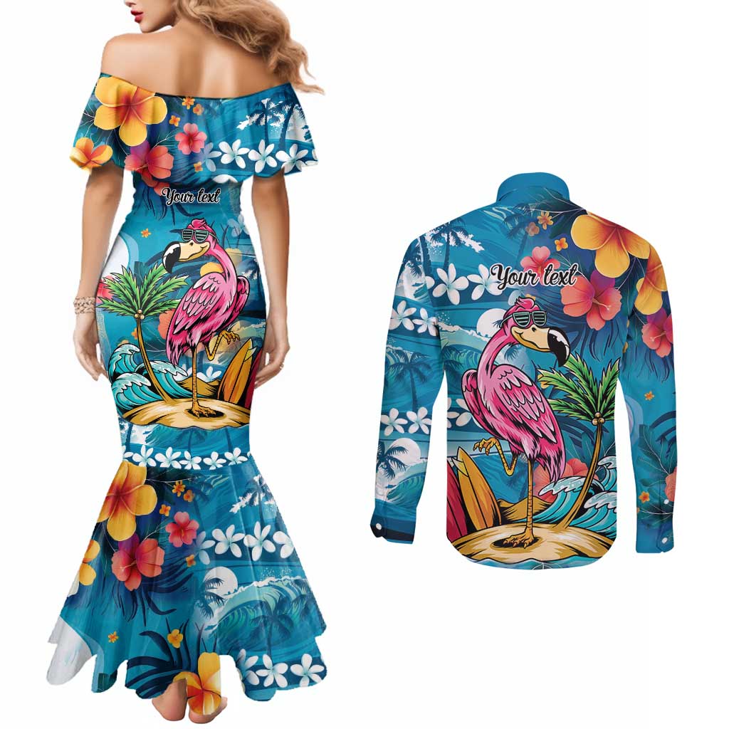 Hawaiian Flamingo Hibiscus Personalised Couples Matching Mermaid Dress and Long Sleeve Button Shirt Blue Summer Tropical Flowers LT9 - Polynesian Pride