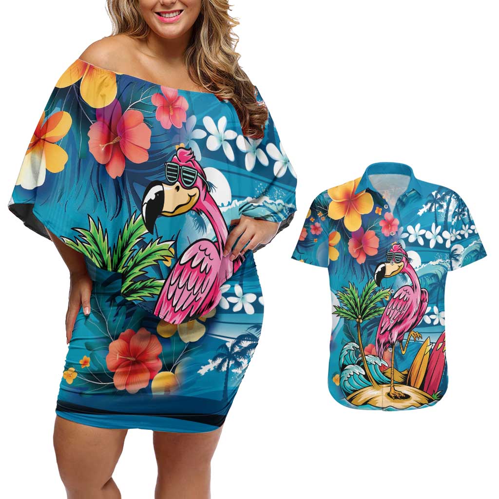 Hawaiian Flamingo Hibiscus Personalised Couples Matching Off Shoulder Short Dress and Hawaiian Shirt Blue Summer Tropical Flowers LT9 Blue - Polynesian Pride