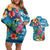 Hawaiian Flamingo Hibiscus Personalised Couples Matching Off Shoulder Short Dress and Hawaiian Shirt Blue Summer Tropical Flowers - Polynesian Pride