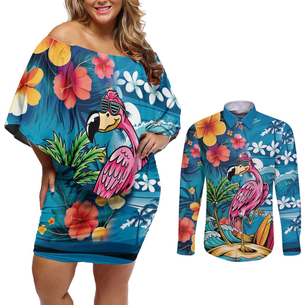 Hawaiian Flamingo Hibiscus Personalised Couples Matching Off Shoulder Short Dress and Long Sleeve Button Shirt Blue Summer Tropical Flowers LT9 Blue - Polynesian Pride