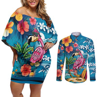 Hawaiian Flamingo Hibiscus Personalised Couples Matching Off Shoulder Short Dress and Long Sleeve Button Shirt Blue Summer Tropical Flowers LT9 Blue - Polynesian Pride