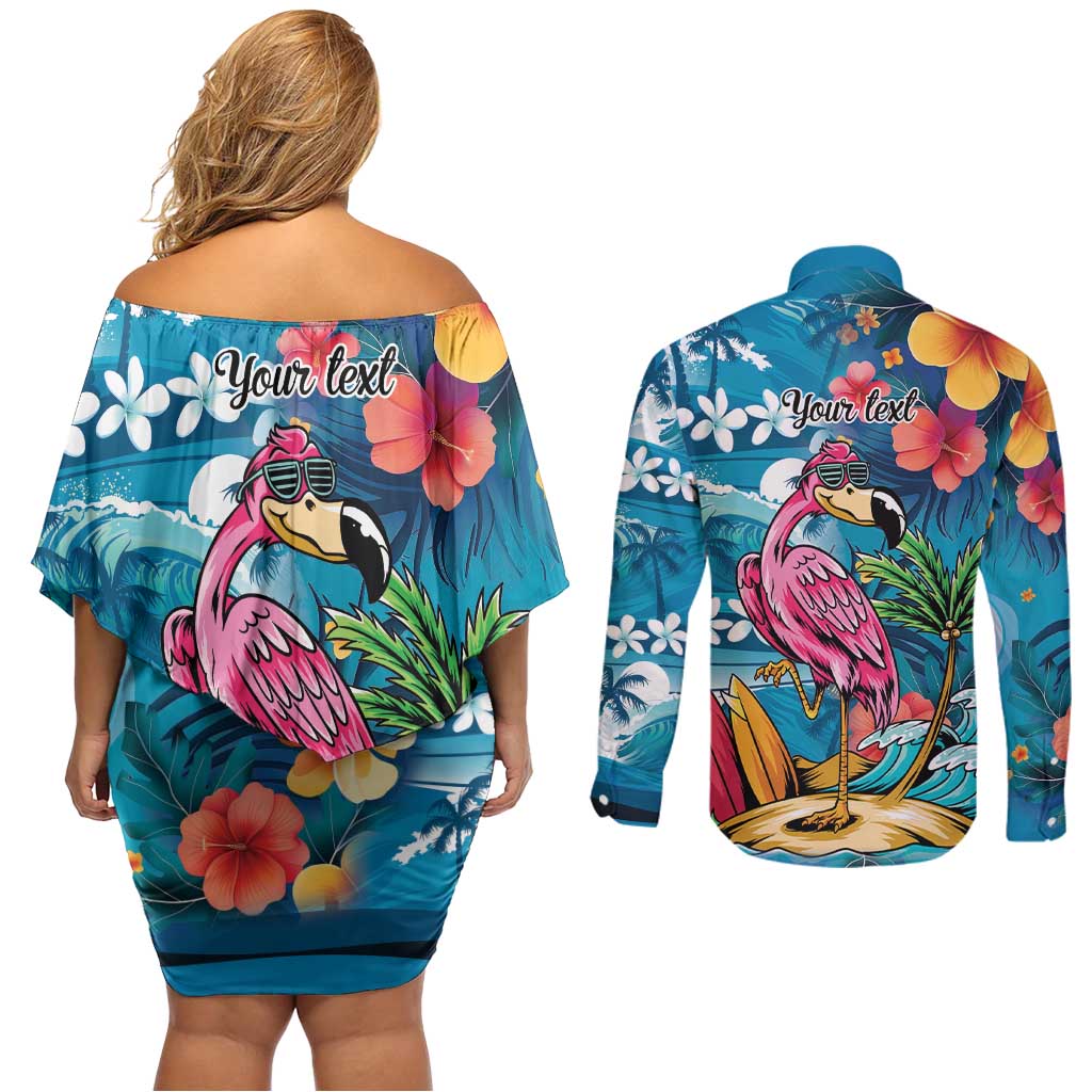 Hawaiian Flamingo Hibiscus Personalised Couples Matching Off Shoulder Short Dress and Long Sleeve Button Shirt Blue Summer Tropical Flowers LT9 - Polynesian Pride
