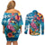 Hawaiian Flamingo Hibiscus Personalised Couples Matching Off Shoulder Short Dress and Long Sleeve Button Shirt Blue Summer Tropical Flowers - Polynesian Pride