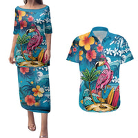 Hawaiian Flamingo Hibiscus Personalised Couples Matching Puletasi and Hawaiian Shirt Blue Summer Tropical Flowers LT9 Blue - Polynesian Pride