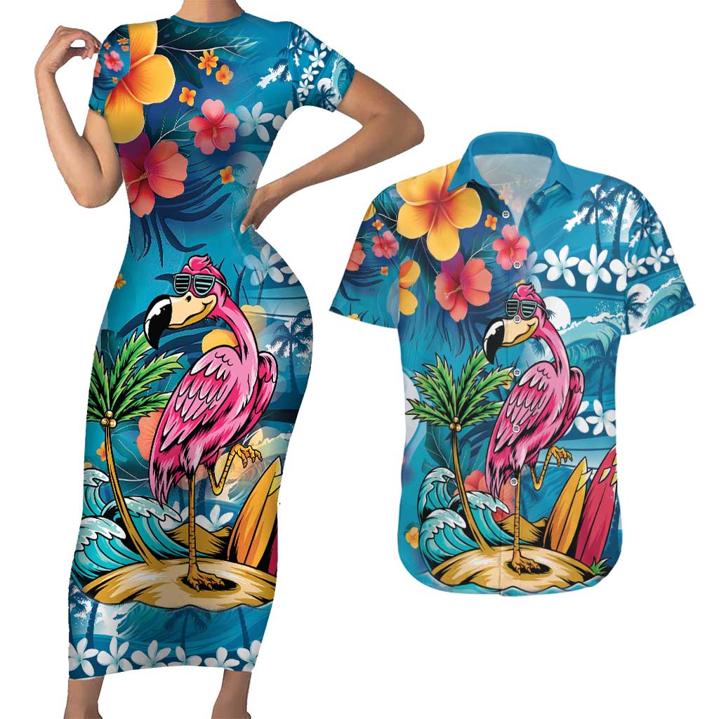 Hawaiian Flamingo Hibiscus Personalised Couples Matching Short Sleeve Bodycon Dress and Hawaiian Shirt Blue Summer Tropical Flowers LT9 Blue - Polynesian Pride