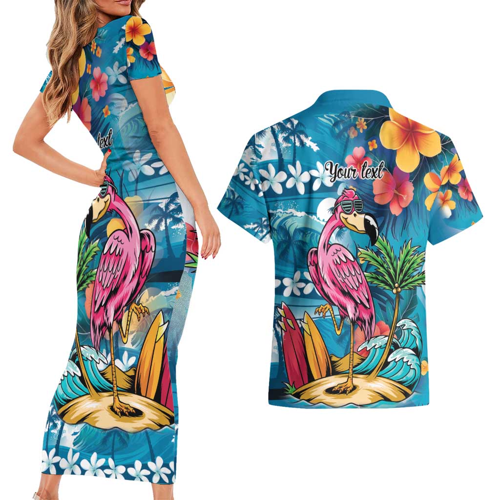 Hawaiian Flamingo Hibiscus Personalised Couples Matching Short Sleeve Bodycon Dress and Hawaiian Shirt Blue Summer Tropical Flowers LT9 - Polynesian Pride