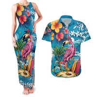 Hawaiian Flamingo Hibiscus Personalised Couples Matching Tank Maxi Dress and Hawaiian Shirt Blue Summer Tropical Flowers LT9 Blue - Polynesian Pride
