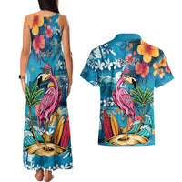 Hawaiian Flamingo Hibiscus Personalised Couples Matching Tank Maxi Dress and Hawaiian Shirt Blue Summer Tropical Flowers LT9 - Polynesian Pride