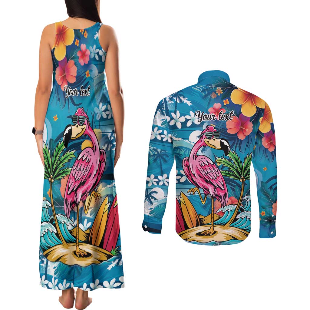 Hawaiian Flamingo Hibiscus Personalised Couples Matching Tank Maxi Dress and Long Sleeve Button Shirt Blue Summer Tropical Flowers LT9 - Polynesian Pride