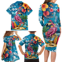 Hawaiian Flamingo Hibiscus Personalised Family Matching Long Sleeve Bodycon Dress and Hawaiian Shirt Blue Summer Tropical Flowers LT9 - Polynesian Pride