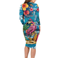 Hawaiian Flamingo Hibiscus Personalised Family Matching Long Sleeve Bodycon Dress and Hawaiian Shirt Blue Summer Tropical Flowers LT9 - Polynesian Pride