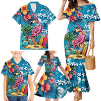 Hawaiian Flamingo Hibiscus Personalised Family Matching Mermaid Dress and Hawaiian Shirt Blue Summer Tropical Flowers LT9 - Polynesian Pride