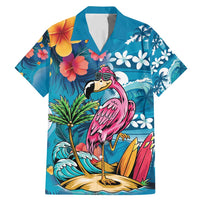 Hawaiian Flamingo Hibiscus Personalised Family Matching Mermaid Dress and Hawaiian Shirt Blue Summer Tropical Flowers LT9 Dad's Shirt - Short Sleeve Blue - Polynesian Pride
