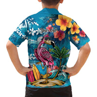 Hawaiian Flamingo Hibiscus Personalised Family Matching Off The Shoulder Long Sleeve Dress and Hawaiian Shirt Blue Summer Tropical Flowers - Polynesian Pride