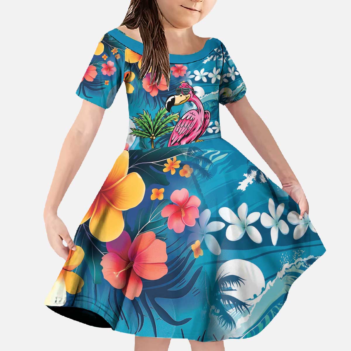 Hawaiian Flamingo Hibiscus Personalised Family Matching Off The Shoulder Long Sleeve Dress and Hawaiian Shirt Blue Summer Tropical Flowers - Polynesian Pride