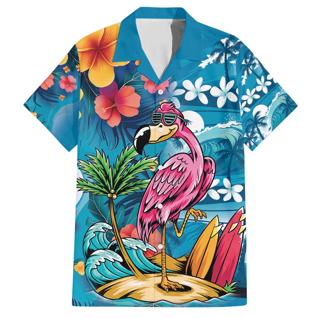Hawaiian Flamingo Hibiscus Personalised Family Matching Off Shoulder Maxi Dress and Hawaiian Shirt Blue Summer Tropical Flowers LT9 Dad's Shirt - Short Sleeve Blue - Polynesian Pride