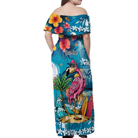 Hawaiian Flamingo Hibiscus Personalised Family Matching Off Shoulder Maxi Dress and Hawaiian Shirt Blue Summer Tropical Flowers LT9 - Polynesian Pride