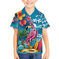 Hawaiian Flamingo Hibiscus Personalised Family Matching Off Shoulder Maxi Dress and Hawaiian Shirt Blue Summer Tropical Flowers LT9 Son's Shirt Blue - Polynesian Pride