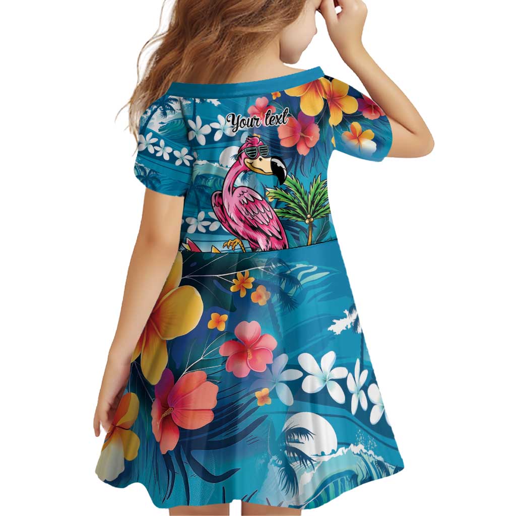 Hawaiian Flamingo Hibiscus Personalised Family Matching Off Shoulder Short Dress and Hawaiian Shirt Blue Summer Tropical Flowers LT9 - Polynesian Pride