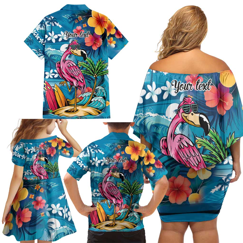 Hawaiian Flamingo Hibiscus Personalised Family Matching Off Shoulder Short Dress and Hawaiian Shirt Blue Summer Tropical Flowers LT9 - Polynesian Pride