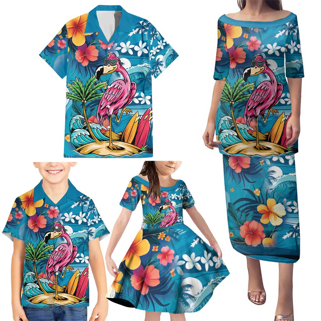 Hawaiian Flamingo Hibiscus Personalised Family Matching Puletasi and Hawaiian Shirt Blue Summer Tropical Flowers LT9 - Polynesian Pride