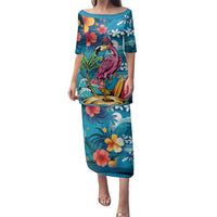 Hawaiian Flamingo Hibiscus Personalised Family Matching Puletasi and Hawaiian Shirt Blue Summer Tropical Flowers LT9 Mom's Dress Blue - Polynesian Pride