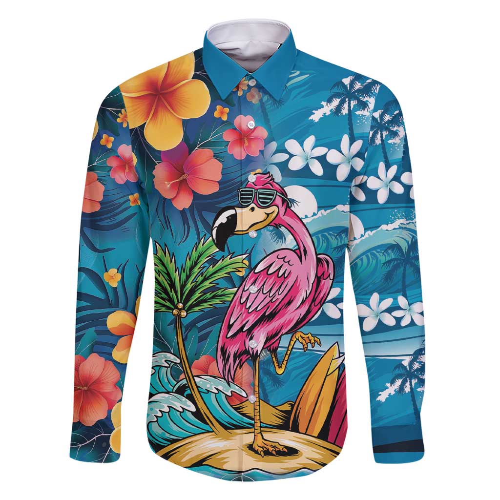 Hawaiian Flamingo Hibiscus Personalised Family Matching Short Sleeve Bodycon Dress and Hawaiian Shirt Blue Summer Tropical Flowers LT9 Dad's Shirt - Long Sleeve Blue - Polynesian Pride