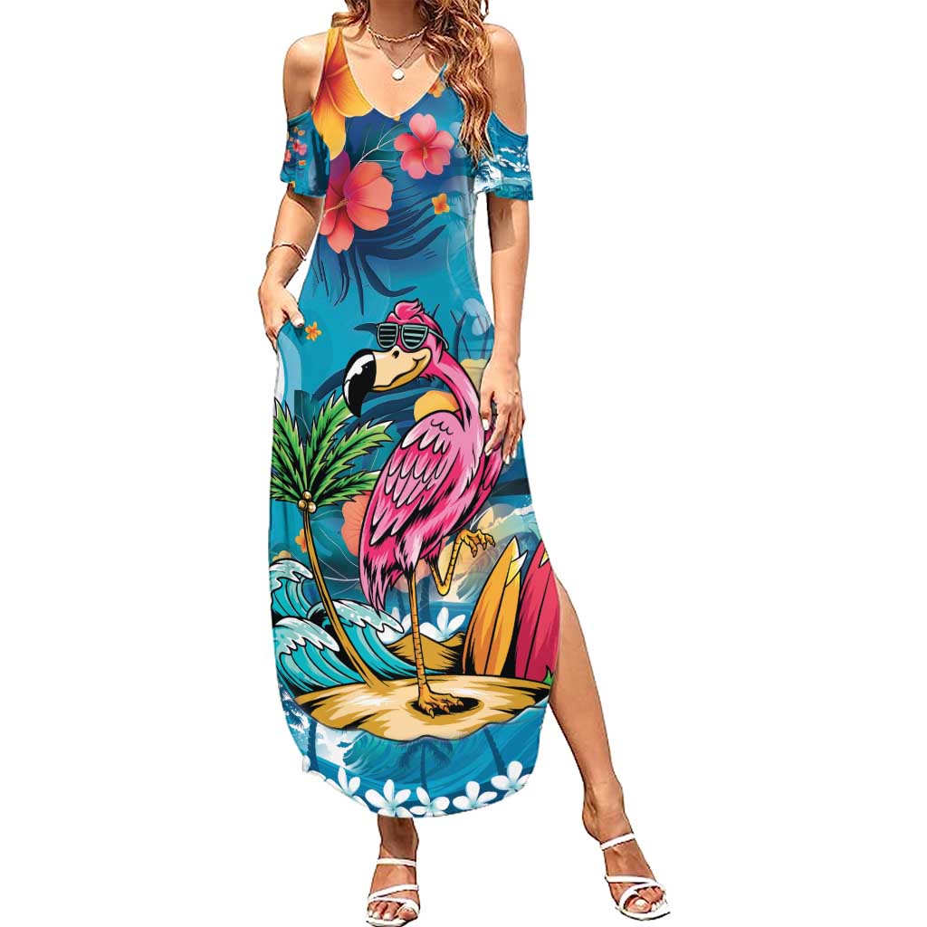 Hawaiian Flamingo Hibiscus Personalised Family Matching Summer Maxi Dress and Hawaiian Shirt Blue Summer Tropical Flowers LT9 Mom's Dress Blue - Polynesian Pride