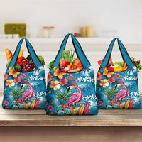 Hawaiian Flamingo Hibiscus Personalised Grocery Bag Blue Summer Tropical Flowers - Polynesian Pride