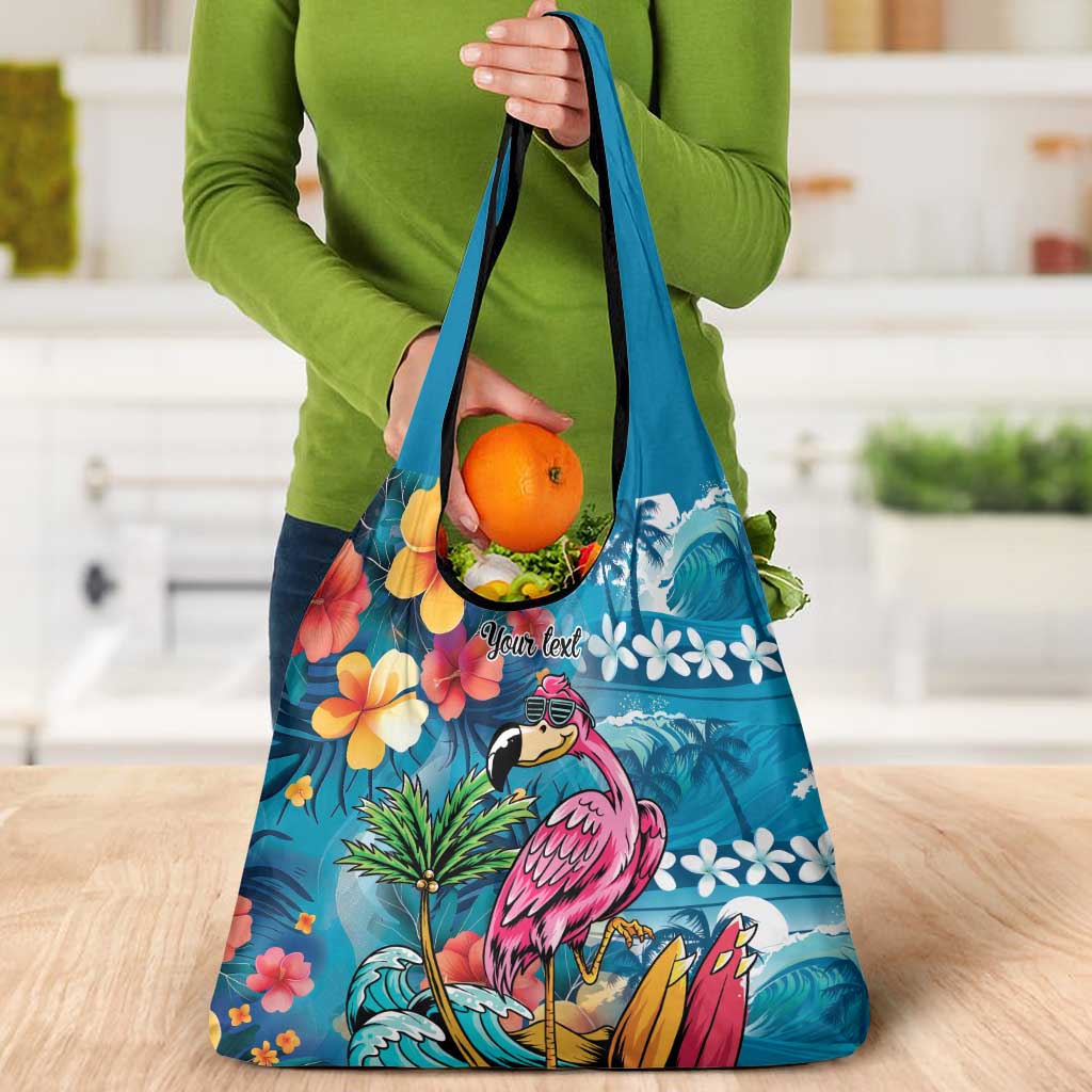 Hawaiian Flamingo Hibiscus Personalised Grocery Bag Blue Summer Tropical Flowers - Polynesian Pride