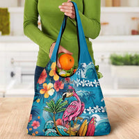 Hawaiian Flamingo Hibiscus Personalised Grocery Bag Blue Summer Tropical Flowers - Polynesian Pride