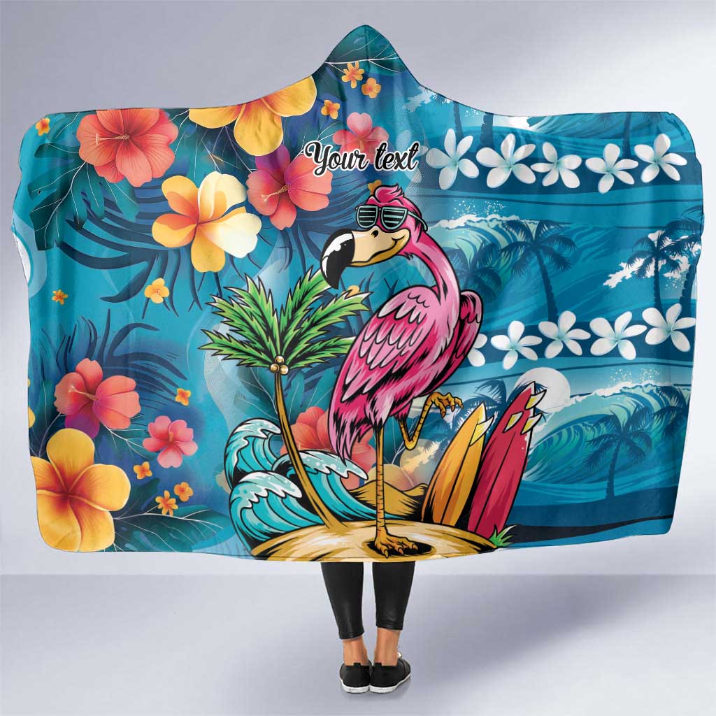 Hawaiian Flamingo Hibiscus Personalised Hooded Blanket Blue Summer Tropical Flowers - Polynesian Pride