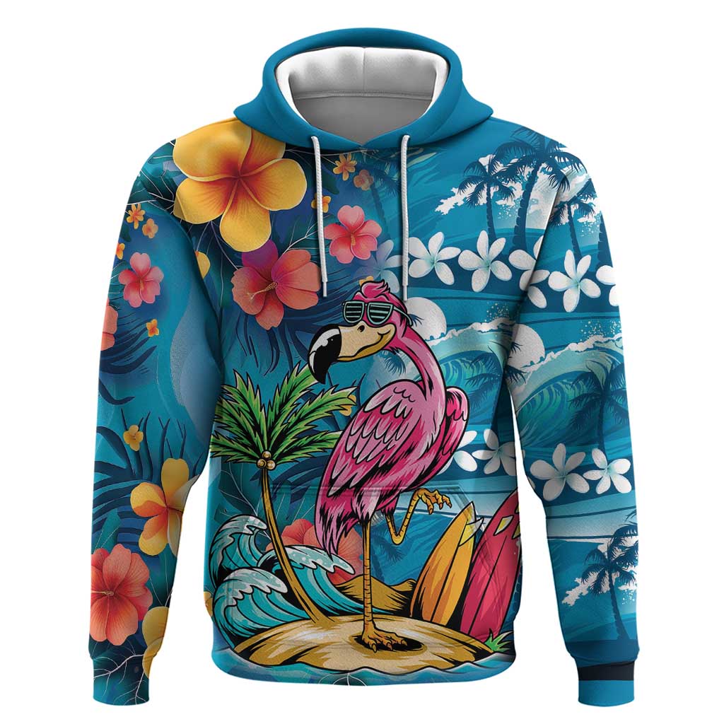 Hawaiian Flamingo Hibiscus Personalised Hoodie Blue Summer Tropical Flowers - Polynesian Pride