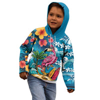 Hawaiian Flamingo Hibiscus Personalised Kid Hoodie Blue Summer Tropical Flowers - Polynesian Pride