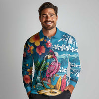 Hawaiian Flamingo Hibiscus Personalised Long Sleeve Polo Shirt Blue Summer Tropical Flowers - Polynesian Pride