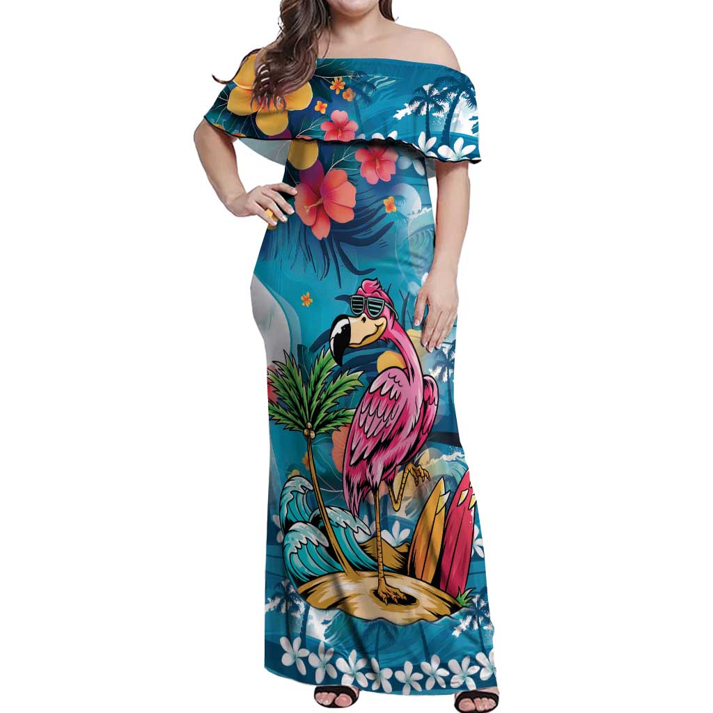 Hawaiian Flamingo Hibiscus Personalised Off Shoulder Maxi Dress Blue Summer Tropical Flowers - Polynesian Pride