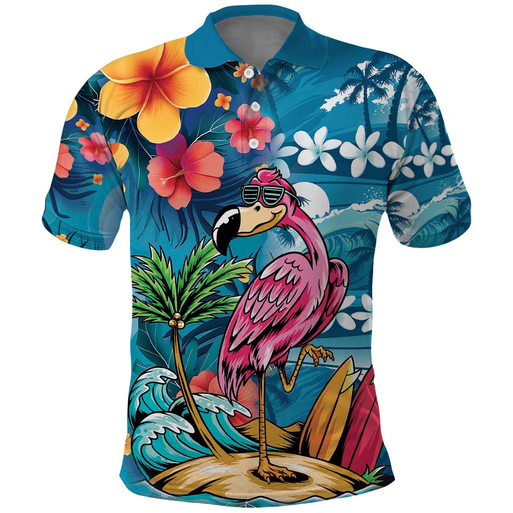 Hawaiian Flamingo Hibiscus Personalised Polo Shirt Blue Summer Tropical Flowers - Polynesian Pride