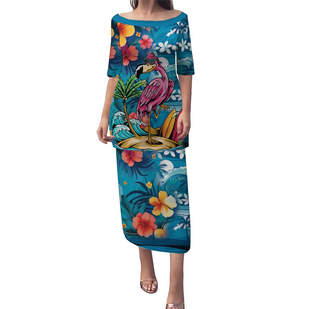 Hawaiian Flamingo Hibiscus Personalised Puletasi Blue Summer Tropical Flowers - Polynesian Pride