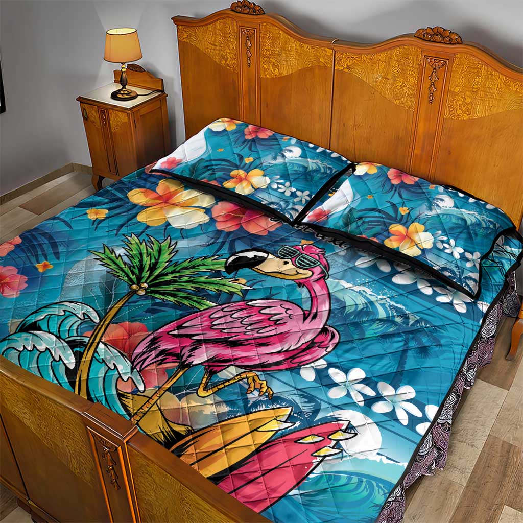 Hawaiian Flamingo Hibiscus Personalised Quilt Bed Set Blue Summer Tropical Flowers - Polynesian Pride