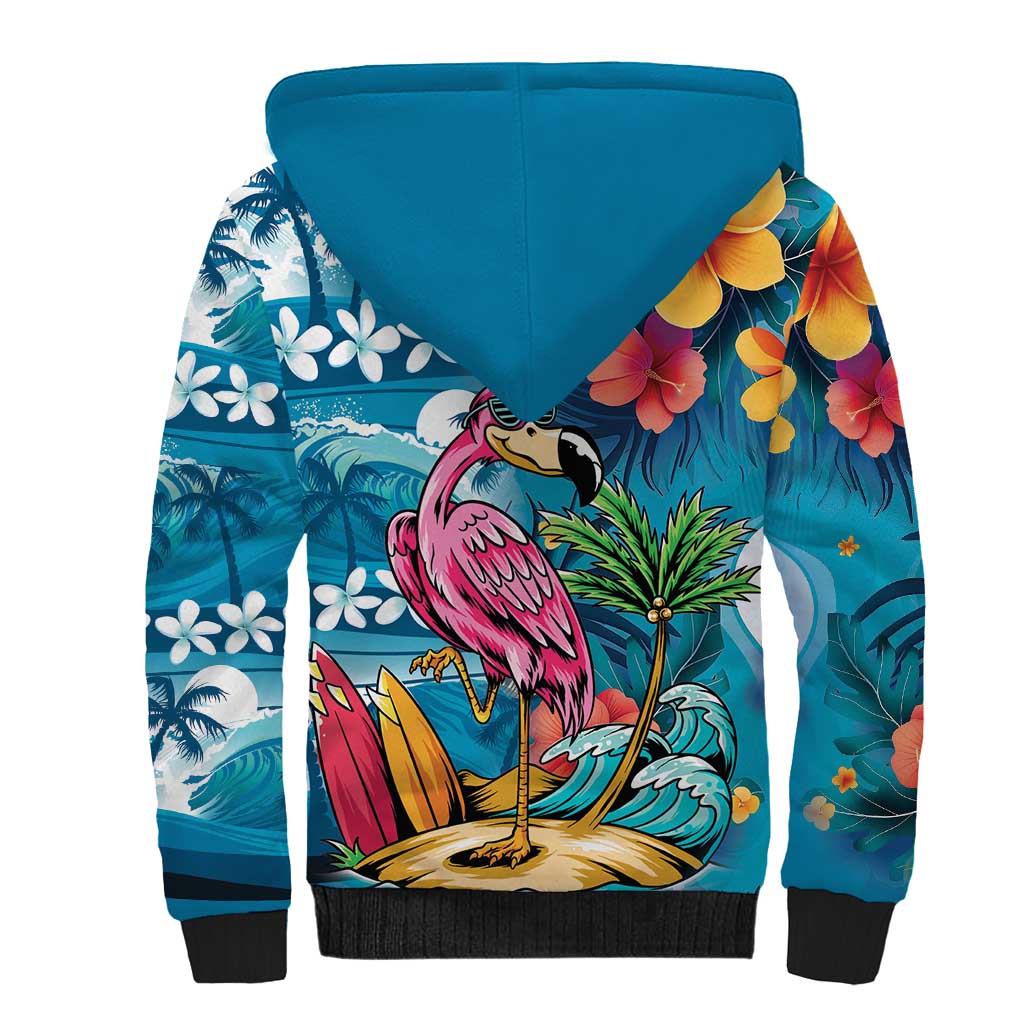 Hawaiian Flamingo Hibiscus Personalised Sherpa Hoodie Blue Summer Tropical Flowers - Polynesian Pride