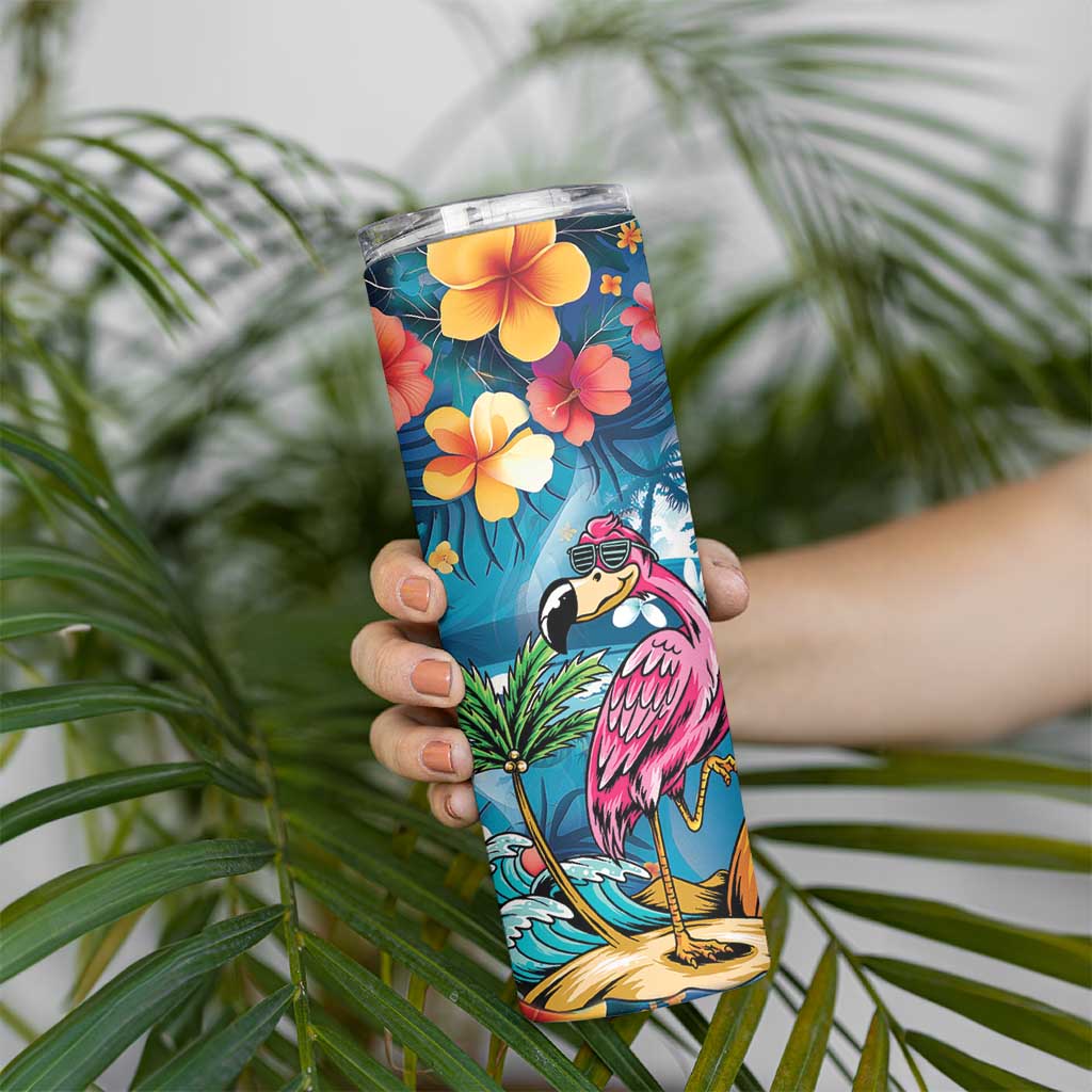 Hawaiian Flamingo Hibiscus Personalised Skinny Tumbler Blue Summer Tropical Flowers - Polynesian Pride