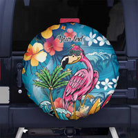 Hawaiian Flamingo Hibiscus Personalised Spare Tire Cover Blue Summer Tropical Flowers - Polynesian Pride