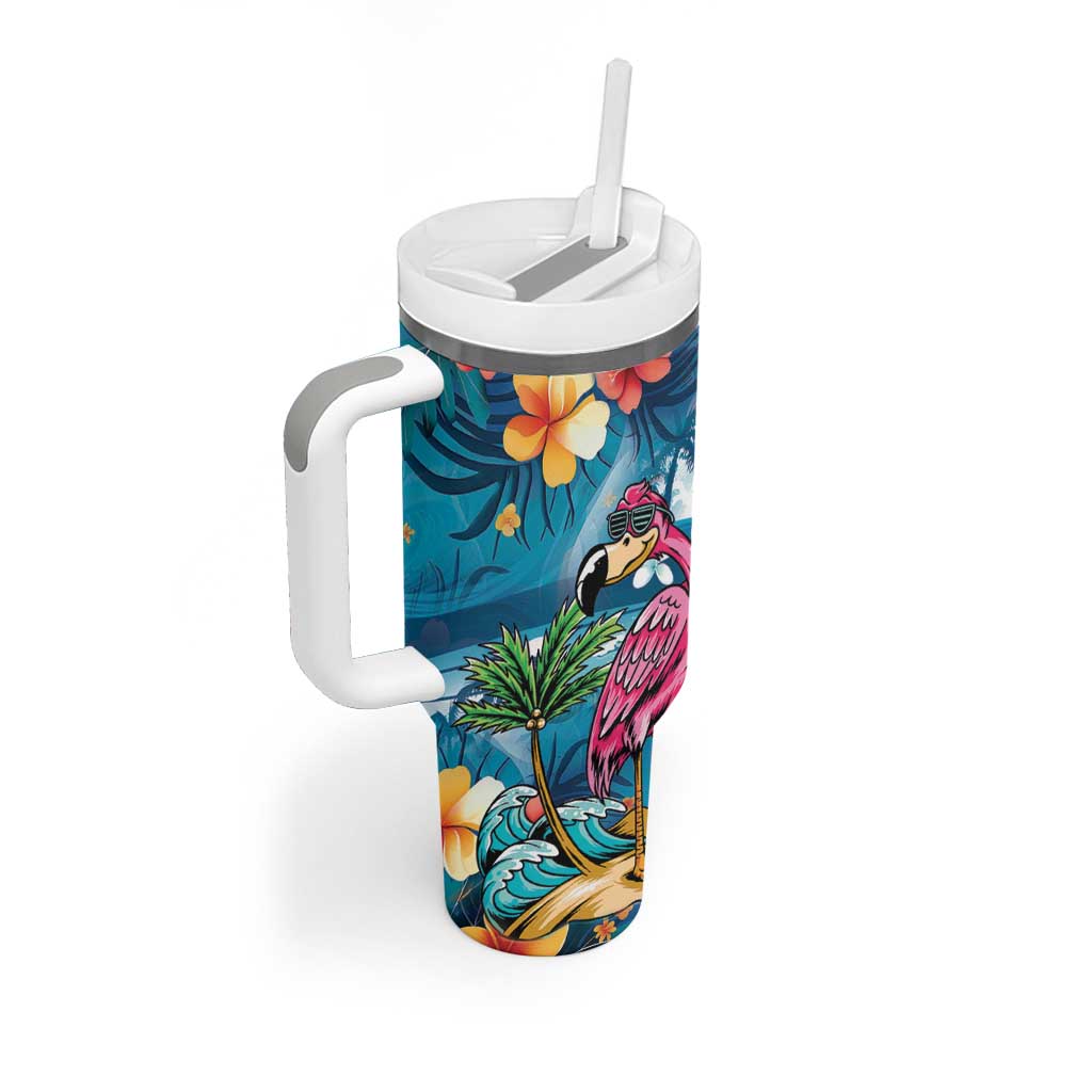 Hawaiian Flamingo Hibiscus Personalised Tumbler With Handle Blue Summer Tropical Flowers - Polynesian Pride