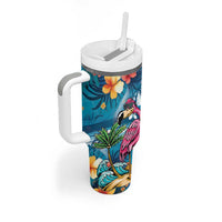 Hawaiian Flamingo Hibiscus Personalised Tumbler With Handle Blue Summer Tropical Flowers - Polynesian Pride