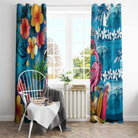 Hawaiian Flamingo Hibiscus Personalised Window Curtain Blue Summer Tropical Flowers - Polynesian Pride