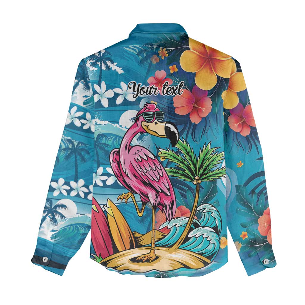 Hawaiian Flamingo Hibiscus Personalised Women Casual Shirt Blue Summer Tropical Flowers - Polynesian Pride