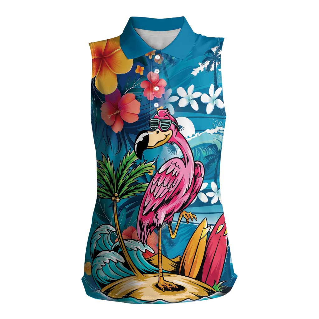 Hawaiian Flamingo Hibiscus Personalised Women Sleeveless Polo Shirt Blue Summer Tropical Flowers LT9 Female Blue - Polynesian Pride